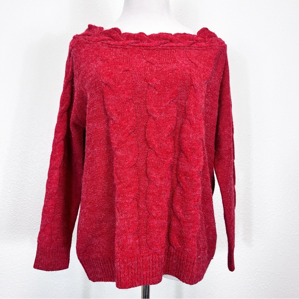 ANDTHEWHY Cable Knit Off The Shoulder Sweater Red Size M/L